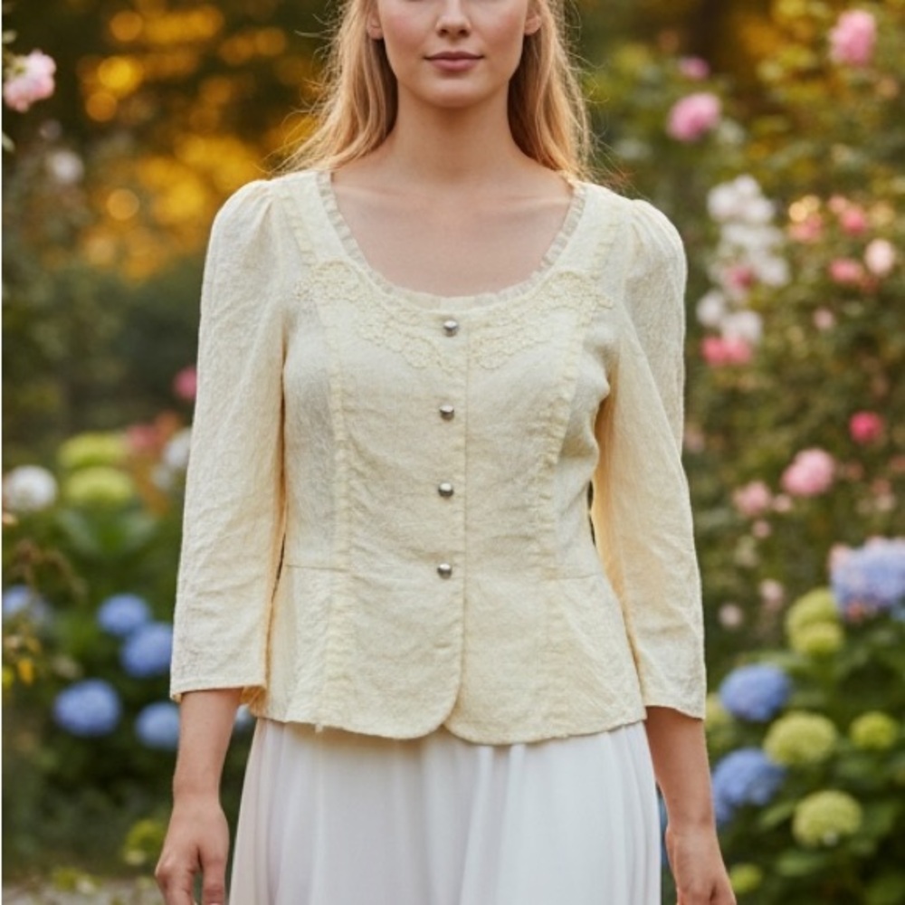 Cream butter yellow Victorian milkmaid style Textured Peplum Button-Front Top